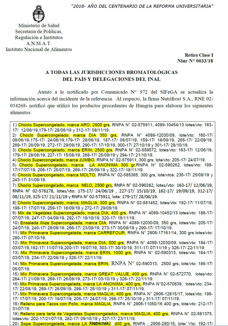 Por una peligrosa bacteria, la ANMAT retira alimentos congelados del m