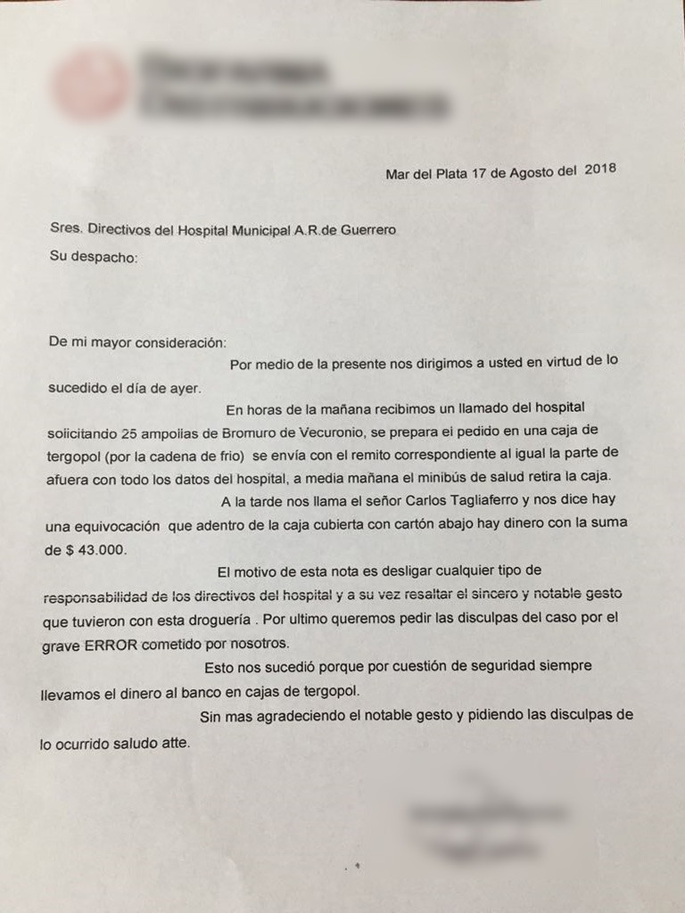 Devolvieron una fuerte suma de dinero que una droguera envi al Hospi