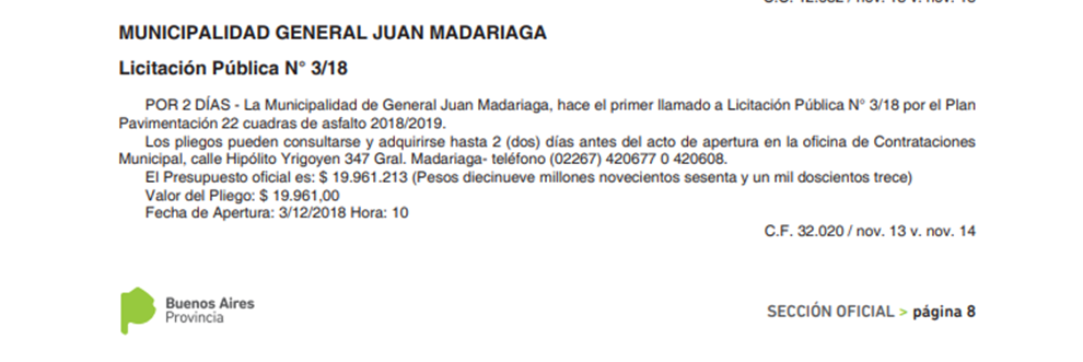 Publicaron en el Boletn oficial licitaciones para la pavimentacin de