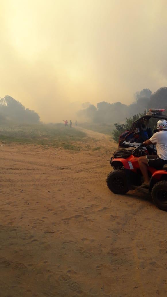 Defensa Civil y Bomberos de Madariaga colaboran en un incendio foresta