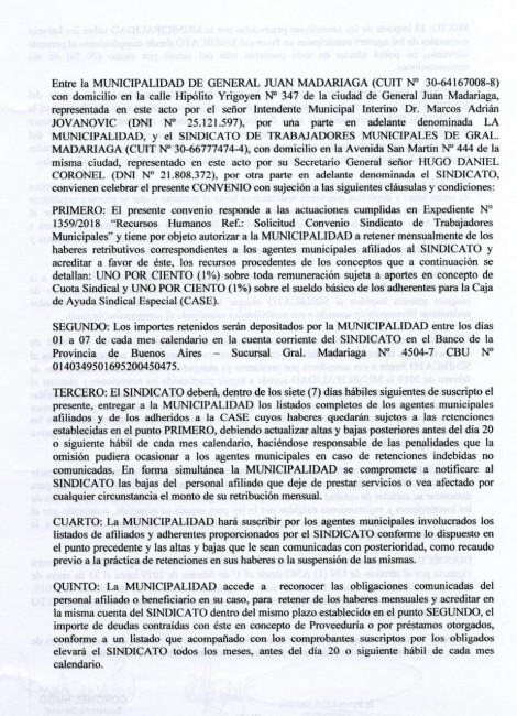 El municipio y el Sindicato fijaron lmites de retencin en los sueldo