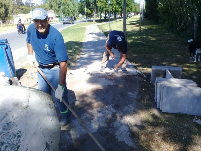 Colocan baldosas para finalizar las veredas en Illia y Pellegrini