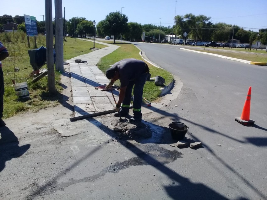 Colocan baldosas para finalizar las veredas en Illia y Pellegrini