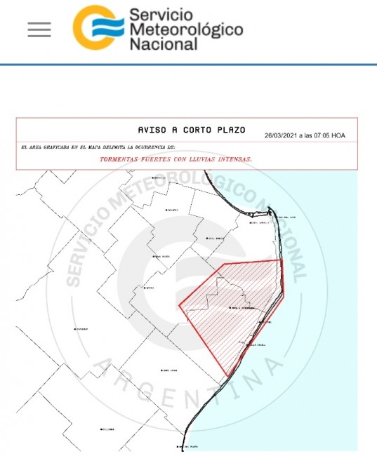 Emitieron un aviso meteorolgico a muy corto plazo para Madariaga y la