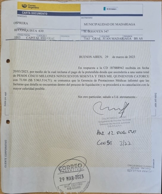 El municipio inici juicio contra OSPRERA por su deuda con el Hospital