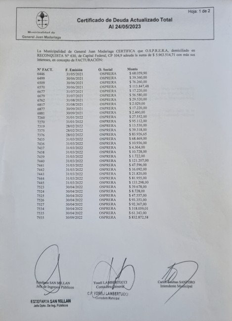 El municipio inici� juicio contra OSPRERA por su deuda con el Hospital