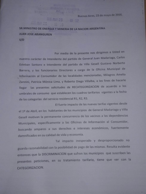 Madariaga present el pedido de re-categorizacin de gas como zona fr