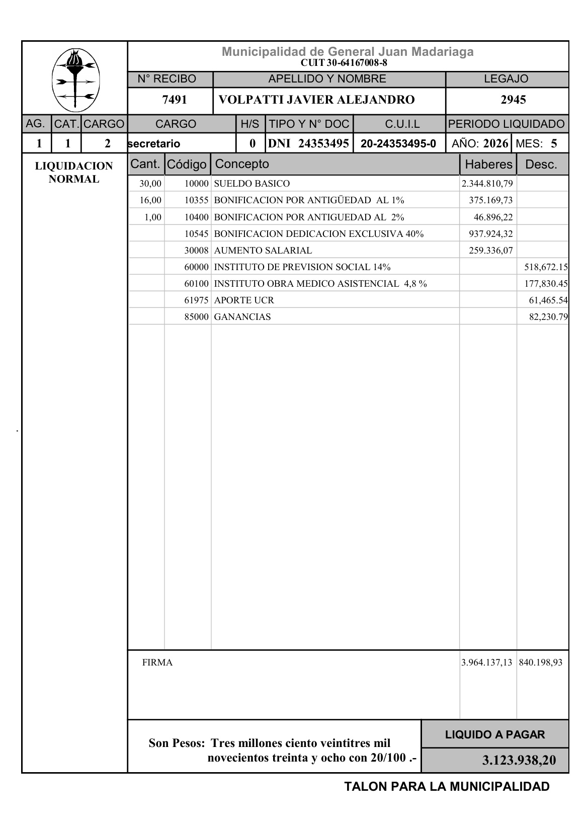 Recibo de sueldo de Javier Volpatti